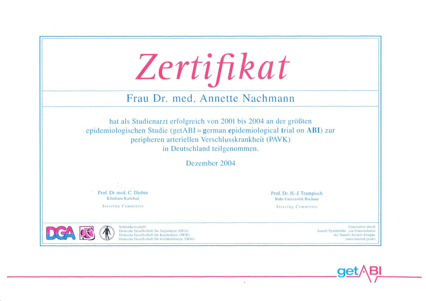 Zertifikat: peripheren arteriellen Verschlusskrankheit (PAVK)